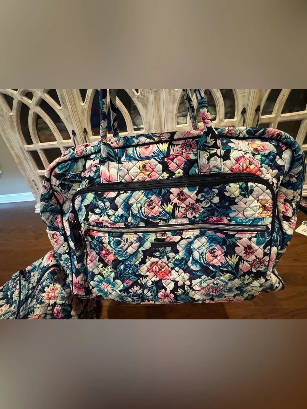 Vera Bradley Navy Floral Quilted Tote with Pink & Aqua Accents
